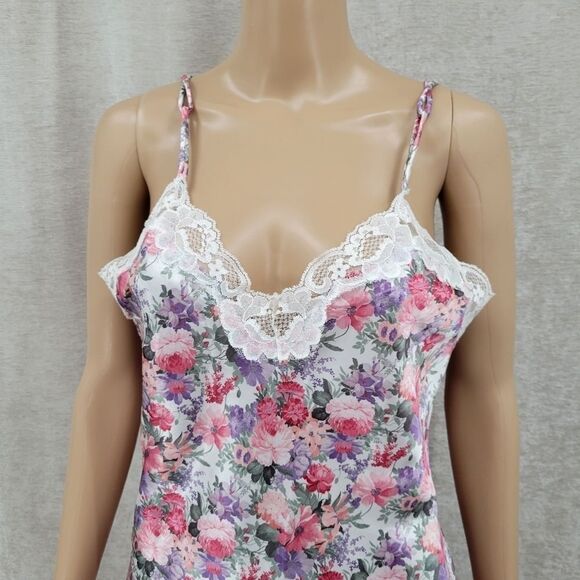 Floral Satin Lace Slip Dress Chemise Negligee and Matching Robe Set Pink - Picture 6 of 15